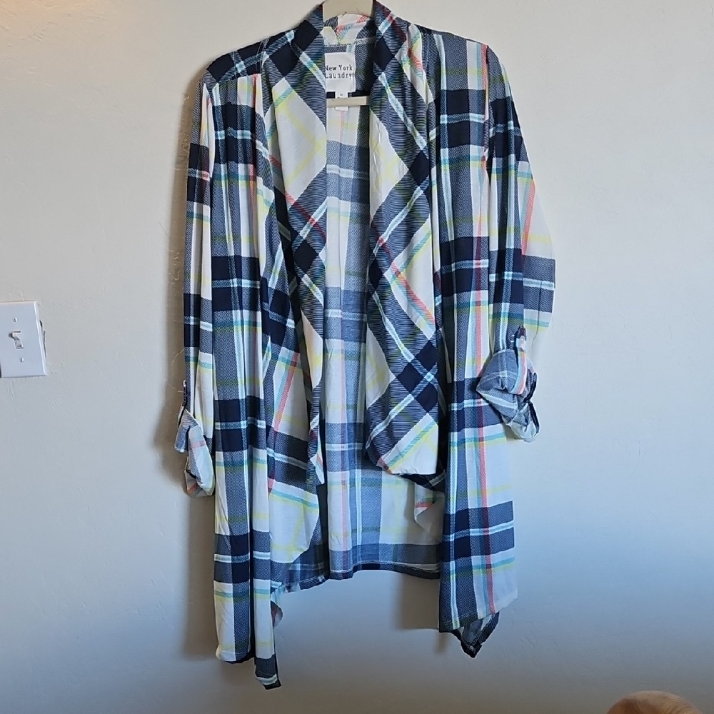 New York Laundry 2X Blue, Yellow & White Plaid Women's Over-Shirt 3/4 LS